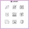9 Universal Outline Signs Symbols of building, product, calendar, open box, box
