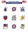 9 USA Flat Filled Line Pack of Independence Day Signs and Symbols of email; seurity; building; shield; white