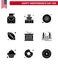 9 USA Solid Glyph Signs Independence Day Celebration Symbols of holiday; american ball; police sign; sports; ball