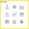9 User Interface Outline Pack of modern Signs and Symbols of mail, chatting, equipment, travel, outdoor