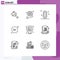9 User Interface Outline Pack of modern Signs and Symbols of night, right, biology, forward, study