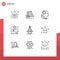 9 User Interface Outline Pack of modern Signs and Symbols of package, crate, mind, boxes, brainstorming