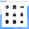 9 User Interface Solid Glyph Pack of modern Signs and Symbols of hobby, shopping, rewind, study, lock