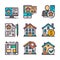 9 vector real estate icons set. Home hunting. Vector colors icons.