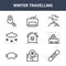 9 winter travelling icons pack. trendy winter travelling icons on white background. thin outline line icons such as snowboard, car