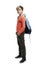 A 9-year-old schoolboy in jeans and an orange sweater stands with a backpack. Back to school. Full height. Isolated on white