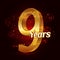 9 years golden anniversary 3d logo celebration with Gold glittering spiral star dust trail sparkling particles. Nine