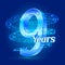 9 years shine anniversary 3d logo celebration with glittering spiral star dust trail sparkling particles. Nine years anniversary m