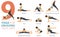 9 Yoga poses or asana posture for workout in Yoga for Unlocking Tight Hips concept. Women exercising for body stretching. Fitness.