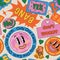 90 Cool Sticker Collage Seamless Pattern. Funny Print with Retro Millennium Style Colour Patches.