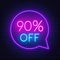 90 percent discount neon sign on brick wall background