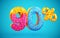 90 percent Off. Discount dessert composition. 3d mega sale symbol with flying sweet donut numbers. Sale banner or poster