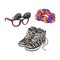 90s fashion - sneakers, sunglasses with removable lenses, scrunchie hair tie