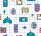 90s gadgets colorful flat line icons.Seamless pattern with joystick,videotape,cell phone, electronic games and other.