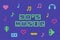 90s music text banner, retro style poster, bright pixeled letters on violet background, nineties editable invitation