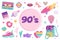 90s retro elements set, cartoon illustration. Vintage nineties aesthetic in modern style, bright pastel color. Trendy