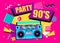 90s retro music poster. 90s party banner design, retro boombox on funky colorful background. Poster, flyer, invitation