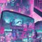 90s style glowing anime, lofi vaporwave anime city landscape, futuristic vibes