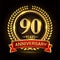 90th golden anniversary logo, with shiny ring and red ribbon, laurel wreath isolated on black background, vector design