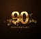 90th golden anniversary logo with swoosh and sparkle golden colored isolated on elegant background, vector design for greeting