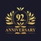 92nd Anniversary Design, luxurious golden color 92 years Anniversary logo.