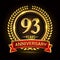 93rd golden anniversary logo, with shiny ring and red ribbon, laurel wreath isolated on black background, vector design