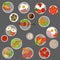 974 dishes, vector illustration, Ready meal on plates, tomatoes, omelettes, sausages