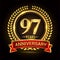 97th golden anniversary logo, with shiny ring and red ribbon, laurel wreath isolated on black background, vector design
