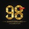 98th anniversary years celebration logotype. Logo ribbon gold number and red ribbon on black background.