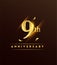 9th anniversary glowing logotype with confetti golden colored isolated on dark background, vector design for greeting card and