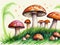 AA watercolor painting of a group of mushrooms perched over a lush green meadow, fantasy art, illustration
