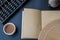 Abacus, notebook and Chinese tea set on the table