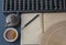 Abacus, notebook and Chinese tea set on the table