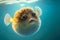 abacus spherical puffer fish floating in turquoise seawater