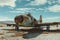 An abandoned aircraft, covered in rust, sits motionless atop a dry grass field, An old rusty fighter aircraft forgotten in a