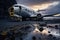 Abandoned airplane on the beach at sunset. 3d render, An abandoned airplane rests solemnly on a desolate black sand beach, AI