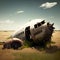 Abandoned airplane in the field. 3d illustration. Vintage style.