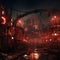 an abandoned amusement with the ferris wheel at night and a ferris wheel at the end