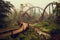 Abandoned amusement park where nature has taken over, with rusted roller coasters intertwined with vibrant vines and wildflowers