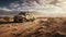 Abandoned Armored Car In Desolate Landscape: Volumetric Lighting Photography