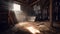 Abandoned barn interior with wooden chair and light coming through the window