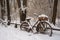 abandoned bike buried in snow near park bench