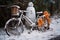 abandoned bike with a snowman built next to it in a winter park