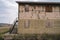 Abandoned boarded up bunkhouse or hotel building in the ghost town of Jeffrey City Wyoming