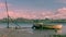 Abandoned boat on the River Torridge, pink sunset. North Devon.