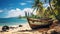 Abandoned boat on shore of island with a palm trees