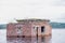 Abandoned brick building flood underwater, old brick wall