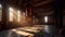 Abandoned brick power station, daylight. AI generative industrial interior.