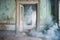 abandoned building with ghostly mist escaping doorway