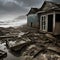 Abandoned buildings on a beach.